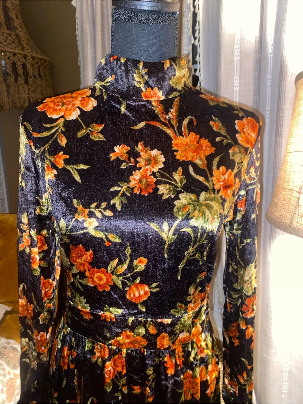 Vintage Velvet Floral High-Neck Maxi Dress - Black & Orange